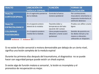 Si no existe función sensorial o motora demostrable por debajo de un cierto nivel,
significa una lesión completa de la medula espinal
Durante los primeros días después del traumatismo, el diagnostico no se puede
hacer con seguridad porque puede existir un shock espinal.
Si existe algo de función motora o sensorial , la lesión es incompleta y el
pronostico de recuperación es mejor.
 