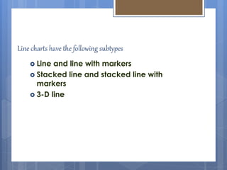 Line charts have the following subtypes
 Line and line with markers
 Stacked line and stacked line with
markers
 3-D line
 