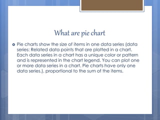 What are pie chart
 Pie charts show the size of items in one data series (data
series: Related data points that are plotted in a chart.
Each data series in a chart has a unique color or pattern
and is represented in the chart legend. You can plot one
or more data series in a chart. Pie charts have only one
data series.), proportional to the sum of the items.
 