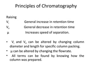 Principles of Chromatography
Raising
VS General increase in retention time
VM General decrease in retention time
µ Increases speed of separation.
• VS and VM can be altered by changing column
diameter and length for specific column packing.
• µ can be altered by changing the flowrate.
• All terms can be found by knowing how the
column was prepared.
 
