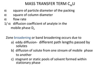 MASS TRANSFER TERM CMU
α square of particle diameter of the packing
α square of column diameter
α flow rate
1/ α diffusion coefficient of analyte in the
mobile phase DM
Zone broadening or band broadening occurs due to
a) eddy diffusion- different path lengths passed by
solutes
b) diffusion of solute from one stream of mobile phase
to another
c) stagnant or static pools of solvent formed within
stationary phase
 