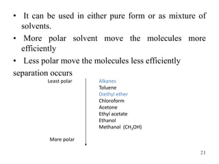 • It can be used in either pure form or as mixture of
solvents.
• More polar solvent move the molecules more
efficiently
• Less polar move the molecules less efficiently
separation occurs
21
Alkanes
Toluene
Diethyl ether
Chloroform
Acetone
Ethyl acetate
Ethanol
Methanol (CH3OH)
More polar
Least polar Alkanes
Toluene
Diethyl ether
Chloroform
Acetone
Ethyl acetate
Ethanol
Methanol (CH3OH)
 