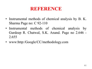 REFERENCE
• Instrumental methods of chemical analysis by B. K.
Sharma Page no: C 92-110
• Instrumental methods of chemical analysis by
Gurdeep R. Chatwal, S.K. Anand. Page no 2.646 -
2.655
• www:http:/Google/CC/methodology.com
61
 