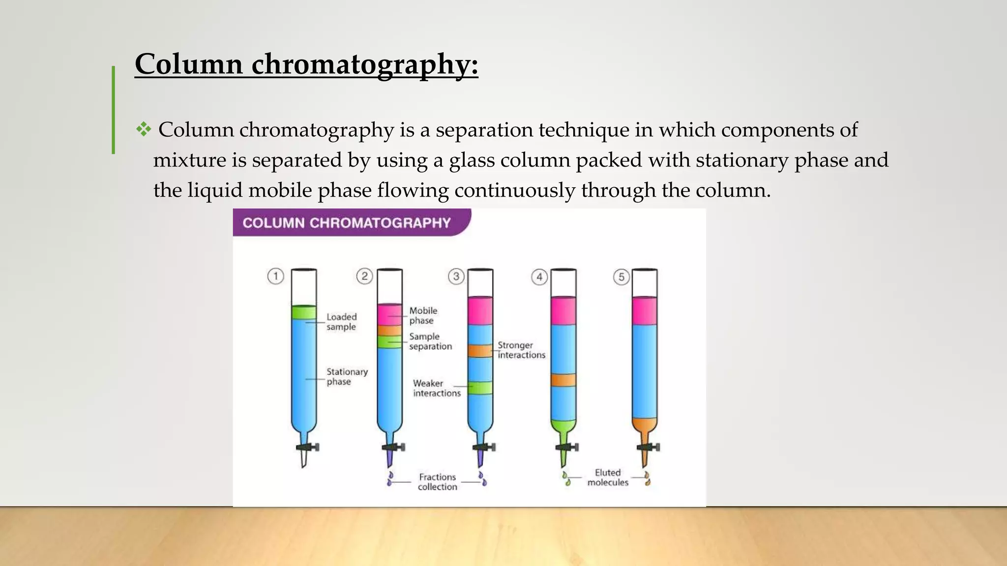 Column chromatography:
 Column chromatography is a separation technique in which components of
mixture is separated by using a glass column packed with stationary phase and
the liquid mobile phase flowing continuously through the column.
 
