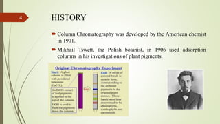 HISTORY
 Column Chromatography was developed by the American chemist
in 1901.
 Mikhail Tswett, the Polish botanist, in 1906 used adsorption
columns in his investigations of plant pigments.
4
 