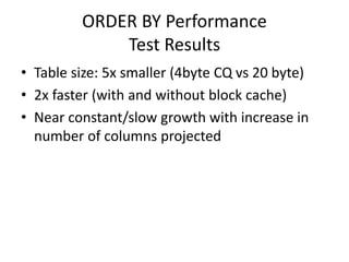 ORDER BY Performance
Test Results
• Table size: 5x smaller (4byte CQ vs 20 byte)
• 2x faster (with and without block cache)
• Near constant/slow growth with increase in
number of columns projected
 