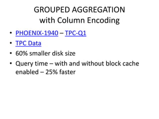 GROUPED AGGREGATION
with Column Encoding
• PHOENIX-1940 – TPC-Q1
• TPC Data
• 60% smaller disk size
• Query time – with and without block cache
enabled – 25% faster
 