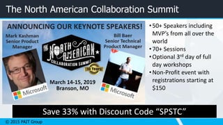 © 2015 PAIT Group
The North American Collaboration Summit
Save 33% with Discount Code “SPSTC”
•50+ Speakers including
MVP’s from all over the
world
•70+ Sessions
•Optional 3rd day of full
day workshops
•Non-Profit event with
registrations starting at
$150
 