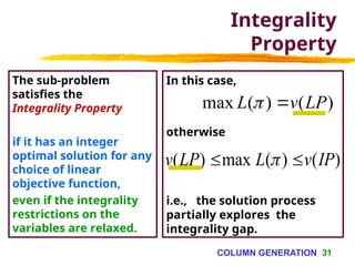 Column Integrals Column Generation method in linear programming | PPT