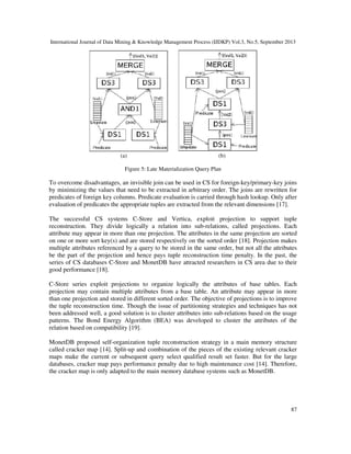 International Journal of Data Mining & Knowledge Management Process (IJDKP) Vol.3, No.5, September 2013
87
(a) (b)
Figure 5: Late Materialization Query Plan
To overcome disadvantages, an invisible join can be used in CS for foreign-key/primary-key joins
by minimizing the values that need to be extracted in arbitrary order. The joins are rewritten for
predicates of foreign key columns. Predicate evaluation is carried through hash lookup. Only after
evaluation of predicates the appropriate tuples are extracted from the relevant dimensions [17].
The successful CS systems C-Store and Vertica, exploit projection to support tuple
reconstruction. They divide logically a relation into sub-relations, called projections. Each
attribute may appear in more than one projection. The attributes in the same projection are sorted
on one or more sort key(s) and are stored respectively on the sorted order [18]. Projection makes
multiple attributes referenced by a query to be stored in the same order, but not all the attributes
be the part of the projection and hence pays tuple reconstruction time penalty. In the past, the
series of CS databases C-Store and MonetDB have attracted researchers in CS area due to their
good performance [18].
C-Store series exploit projections to organize logically the attributes of base tables. Each
projection may contain multiple attributes from a base table. An attribute may appear in more
than one projection and stored in different sorted order. The objective of projections is to improve
the tuple reconstruction time. Though the issue of partitioning strategies and techniques has not
been addressed well, a good solution is to cluster attributes into sub-relations based on the usage
patterns. The Bond Energy Algorithm (BEA) was developed to cluster the attributes of the
relation based on compatibility [19].
MonetDB proposed self-organization tuple reconstruction strategy in a main memory structure
called cracker map [14]. Split-up and combination of the pieces of the existing relevant cracker
maps make the current or subsequent query select qualified result set faster. But for the large
databases, cracker map pays performance penalty due to high maintenance cost [14]. Therefore,
the cracker map is only adapted to the main memory database systems such as MonetDB.
 