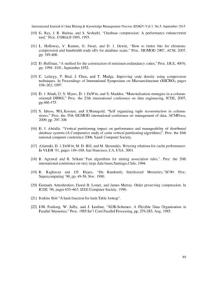 International Journal of Data Mining & Knowledge Management Process (IJDKP) Vol.3, No.5, September 2013
89
[10] G. Ray, J. R. Haritsa, and S. Seshadri, “Database compression: A performance enhancement
tool,” Proc. COMAD 1995, 1995.
[11] L. Holloway, V. Ramon, G. Swart, and D. J. Dewitt, “How to barter bits for chronons:
compression and bandwidth trade offs for database scans,” Proc. SIGMOD 2007, ACM, 2007,
pp. 389-400.
[12] D. Huffman, “A method for the construction of minimum redundancy codes,” Proc. I.R.E, 40(9),
pp. 1098- 1101, September 1952.
[13] C. Lefurgy, P. Bird, I. Chen, and T. Mudge. Improving code density using compression
techniques. In Proceedings of International Symposium on Microarchitecture (MICRO), pages
194–203, 1997.
[14] D. 1 Abadi, D. S. Myers, D. 1 DeWitt, and S. Madden, “Materialization strategies in a column-
oriented DBMS,” Proc. the 23th international conference on data engineering, ICDE, 2007,
pp.466-475
[15] S. Idreos, M.L.Kersten, and S.Manegold, “Self organizing tuple reconstruction in column-
stores,” Proc. the 35th SIGMOD international conference on management of data, ACMPress,
2009, pp. 297-308
[16] H. I. Abdalla. “Vertical partitioning impact on performance and manageability of distributed
database systems (A Comparative study of some vertical partitioning algorithms)”. Proc. the 18th
national computer conference 2006, Saudi Computer Society.
[17] Ailamaki, D. J. DeWitt, M. D. Hill, and M. Skounakis. Weaving relations for cache performance.
In VLDB ’01, pages 169–180, San Francisco, CA, USA, 2001.
[18] R. Agrawal and R. Srikanr.”Fast algorithms for mining association rules,”. Proc. the 20th
international conference on very large data bases,Santiago,Chile, 1994.
[19] R. Raghavan and J.P. Hayes, “On Randomly Interleaved Memories,”SC90: Proc.
Supercomputing ’90, pp. 49-58, Nov. 1990.
[20] Gennady Antoshenkov, David B. Lomet, and James Murray. Order preserving compression. In
ICDE ’96, pages 655–663. IEEE Computer Society, 1996.
[21] Jenkins Bob "A hash function for hash Table lookup".
[22] J.M. Frailong, W. Jalby, and J. Lenfant, “XOR-Schemes: A Flexible Data Organization in
Parallel Memories,” Proc. 1985 Int’l Conf.Parallel Processing, pp. 276-283, Aug. 1985.
 