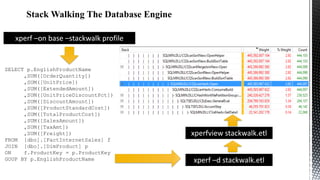xperf –on base –stackwalk profile

SELECT p.EnglishProductName
,SUM([OrderQuantity])
,SUM([UnitPrice])
,SUM([ExtendedAmount])
,SUM([UnitPriceDiscountPct])
,SUM([DiscountAmount])
,SUM([ProductStandardCost])
,SUM([TotalProductCost])
,SUM([SalesAmount])
,SUM([TaxAmt])
,SUM([Freight])
FROM [dbo].[FactInternetSales] f
JOIN [dbo].[DimProduct] p
ON
f.ProductKey = p.ProductKey
GOUP BY p.EnglishProductName

xperfview stackwalk.etl
xperf –d stackwalk.etl

 