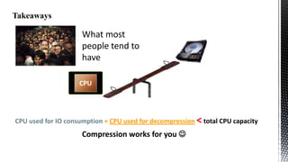 What most
people tend to
have
CPU

CPU used for IO consumption + CPU used for decompression < total CPU capacity

Compression works for you 

 
