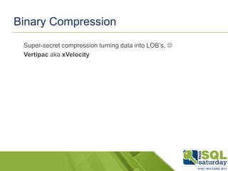 Binary Compression
Super-secret compression turning data into LOB’s. 
Vertipac aka xVelocity
 
