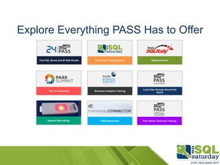 Explore Everything PASS Has to Offer
Free SQL Server and BI Web Events Free 1-day Training Events Regional Event
Local User Groups Around the
World
Free Online Technical Training
This is Community Business Analytics Training
Session Recordings PASS Newsletter
 