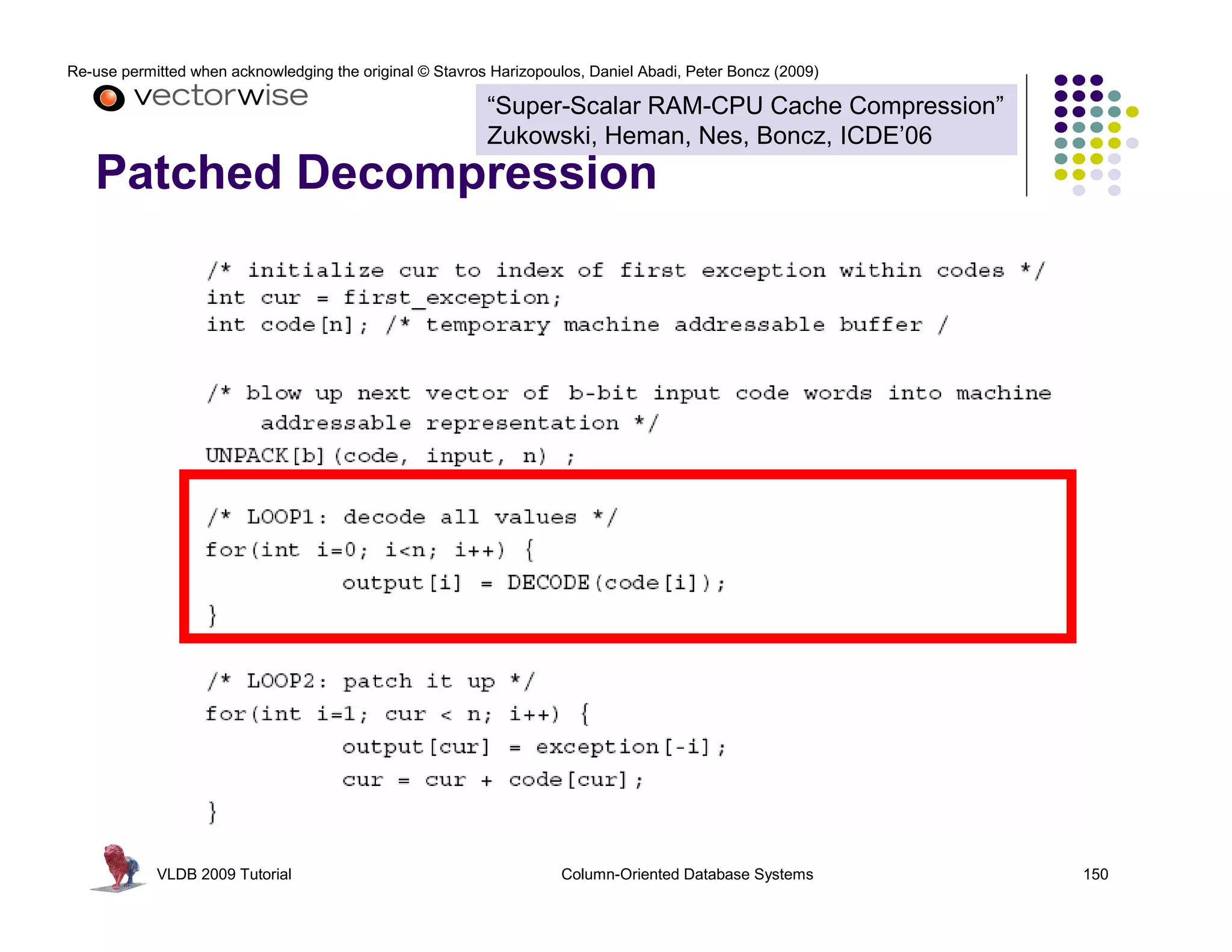 Re-use permitted when acknowledging the original © Stavros Harizopoulos, Daniel Abadi, Peter Boncz (2009)

                                                          “Super-Scalar RAM-CPU Cache Compression”
                                                          Zukowski, Heman, Nes, Boncz, ICDE’06
   Patched Decompression




            VLDB 2009 Tutorial                                       Column-Oriented Database Systems       150
 