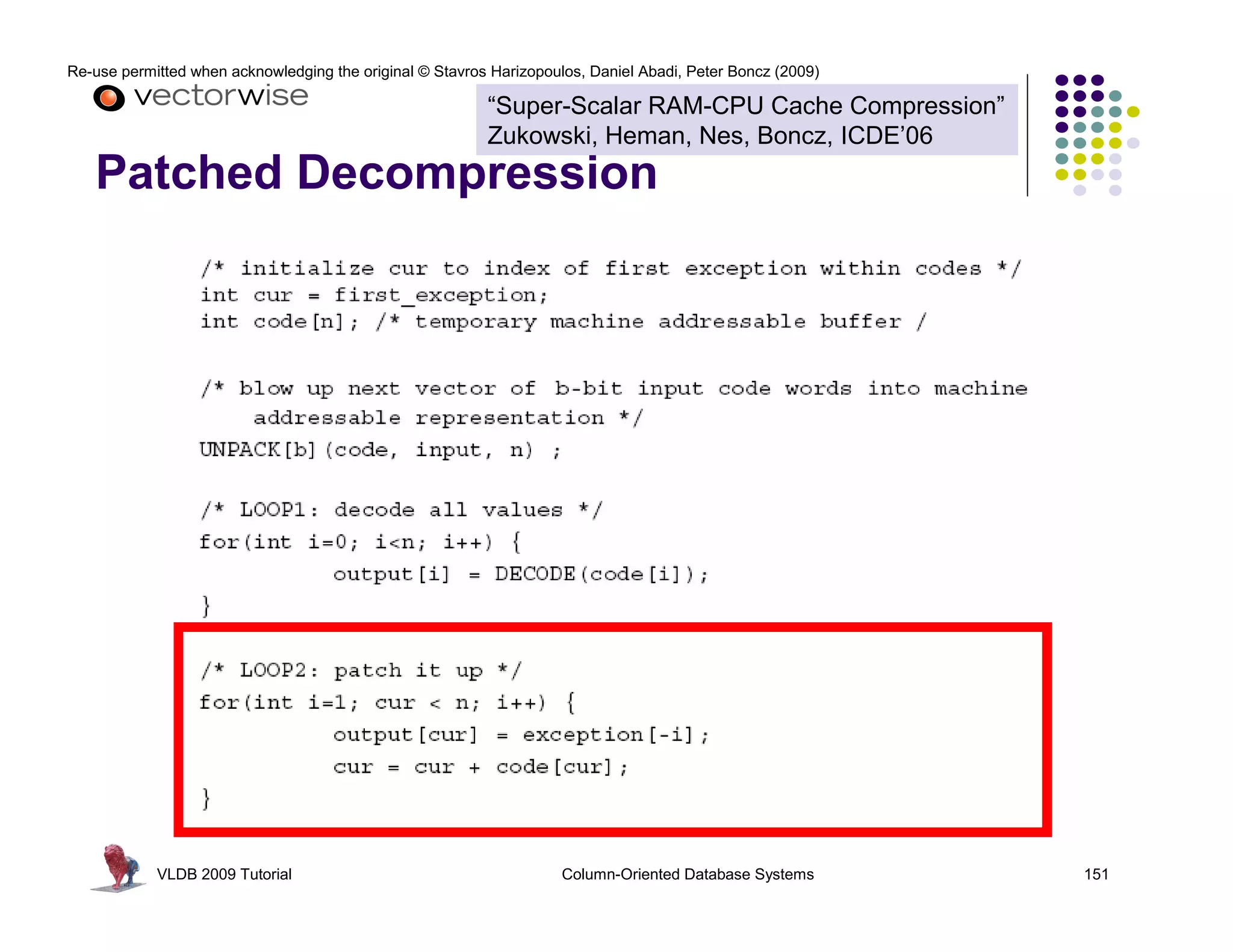 Re-use permitted when acknowledging the original © Stavros Harizopoulos, Daniel Abadi, Peter Boncz (2009)

                                                          “Super-Scalar RAM-CPU Cache Compression”
                                                          Zukowski, Heman, Nes, Boncz, ICDE’06
   Patched Decompression




            VLDB 2009 Tutorial                                       Column-Oriented Database Systems       151
 