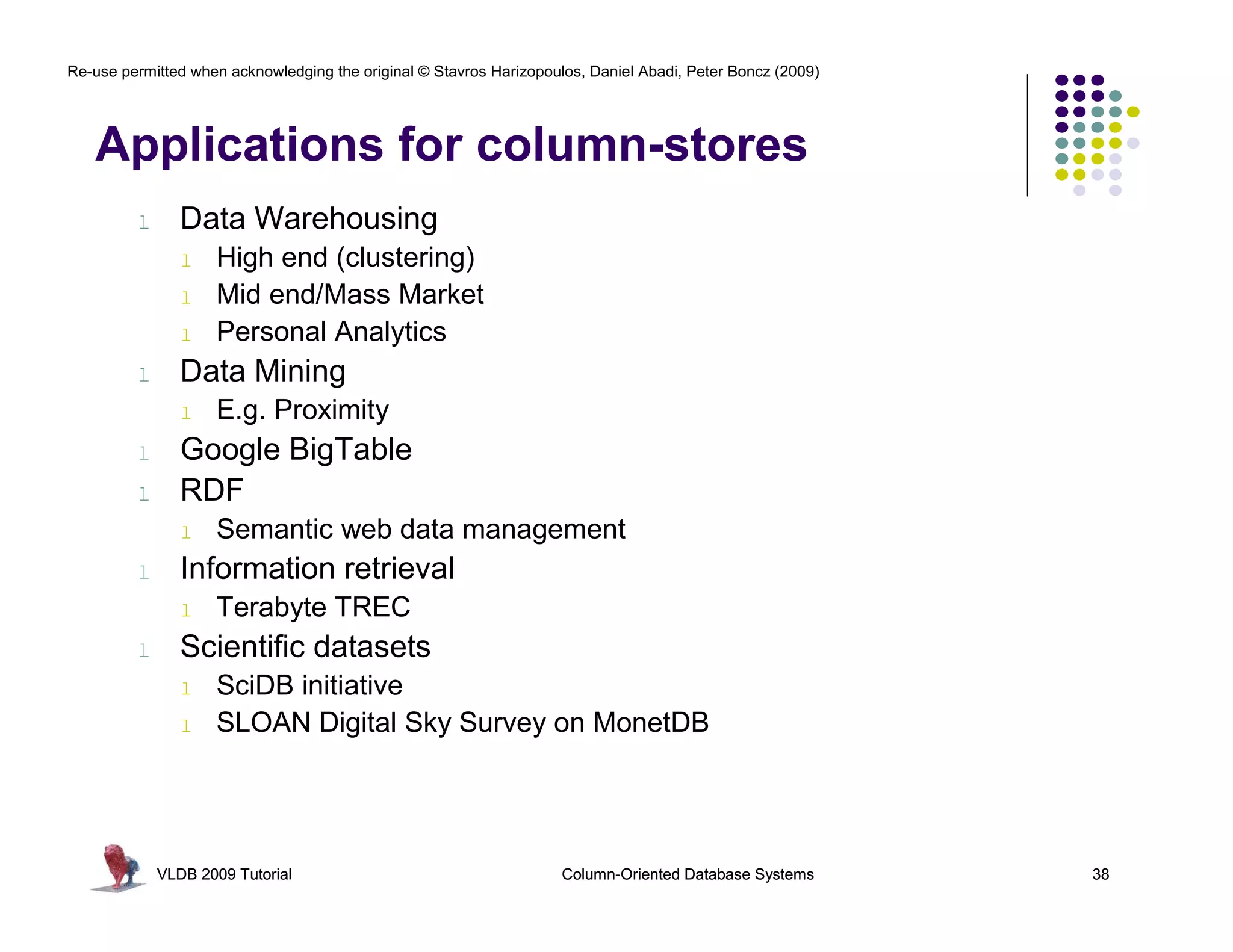 Re-use permitted when acknowledging the original © Stavros Harizopoulos, Daniel Abadi, Peter Boncz (2009)




   Applications for column-stores
         l      Data Warehousing
                l   High end (clustering)
                l   Mid end/Mass Market
                l   Personal Analytics
         l      Data Mining
                l   E.g. Proximity
         l      Google BigTable
         l      RDF
                l   Semantic web data management
         l      Information retrieval
                l   Terabyte TREC
         l      Scientific datasets
                l   SciDB initiative
                l   SLOAN Digital Sky Survey on MonetDB




             VLDB 2009 Tutorial                                      Column-Oriented Database Systems       38
 