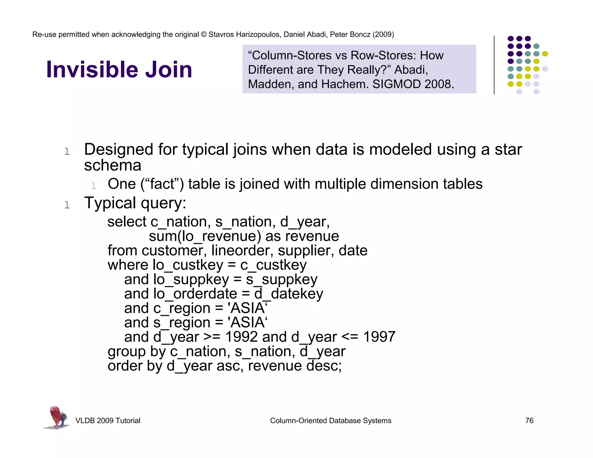 Re-use permitted when acknowledging the original © Stavros Harizopoulos, Daniel Abadi, Peter Boncz (2009)


                                                              “Column-Stores vs Row-Stores: How
   Invisible Join                                             Different are They Really?” Abadi,
                                                              Madden, and Hachem. SIGMOD 2008.




         l     Designed for typical joins when data is modeled using a star
               schema
                 l   One (“fact”) table is joined with multiple dimension tables
         l     Typical query:
                     select c_nation, s_nation, d_year,
                            sum(lo_revenue) as revenue
                     from customer, lineorder, supplier, date
                     where lo_custkey = c_custkey
                        and lo_suppkey = s_suppkey
                        and lo_orderdate = d_datekey
                        and c_region = 'ASIA‘
                        and s_region = 'ASIA‘
                        and d_year >= 1992 and d_year <= 1997
                     group by c_nation, s_nation, d_year
                     order by d_year asc, revenue desc;


             VLDB 2009 Tutorial                                      Column-Oriented Database Systems       76
 