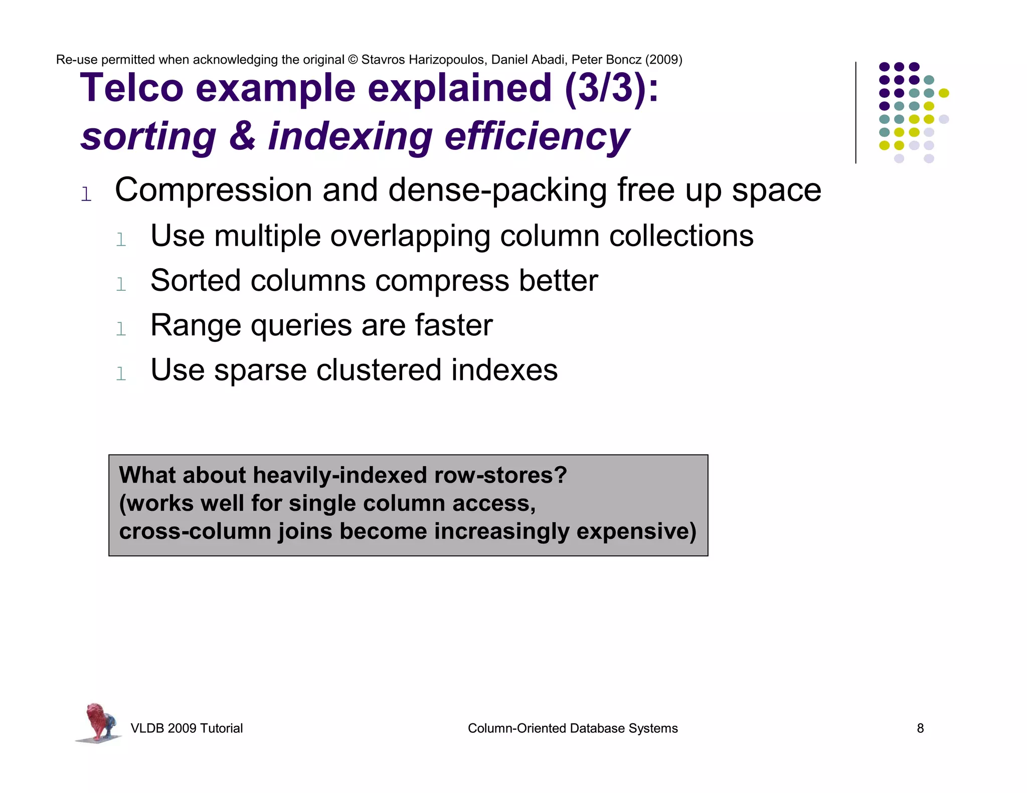 Re-use permitted when acknowledging the original © Stavros Harizopoulos, Daniel Abadi, Peter Boncz (2009)

   Telco example explained (3/3):
   sorting & indexing efficiency
   l     Compression and dense-packing free up space
         l      Use multiple overlapping column collections
         l      Sorted columns compress better
         l      Range queries are faster
         l      Use sparse clustered indexes


          What about heavily-indexed row-stores?
          (works well for single column access,
          cross-column joins become increasingly expensive)




             VLDB 2009 Tutorial                                      Column-Oriented Database Systems       8
 
