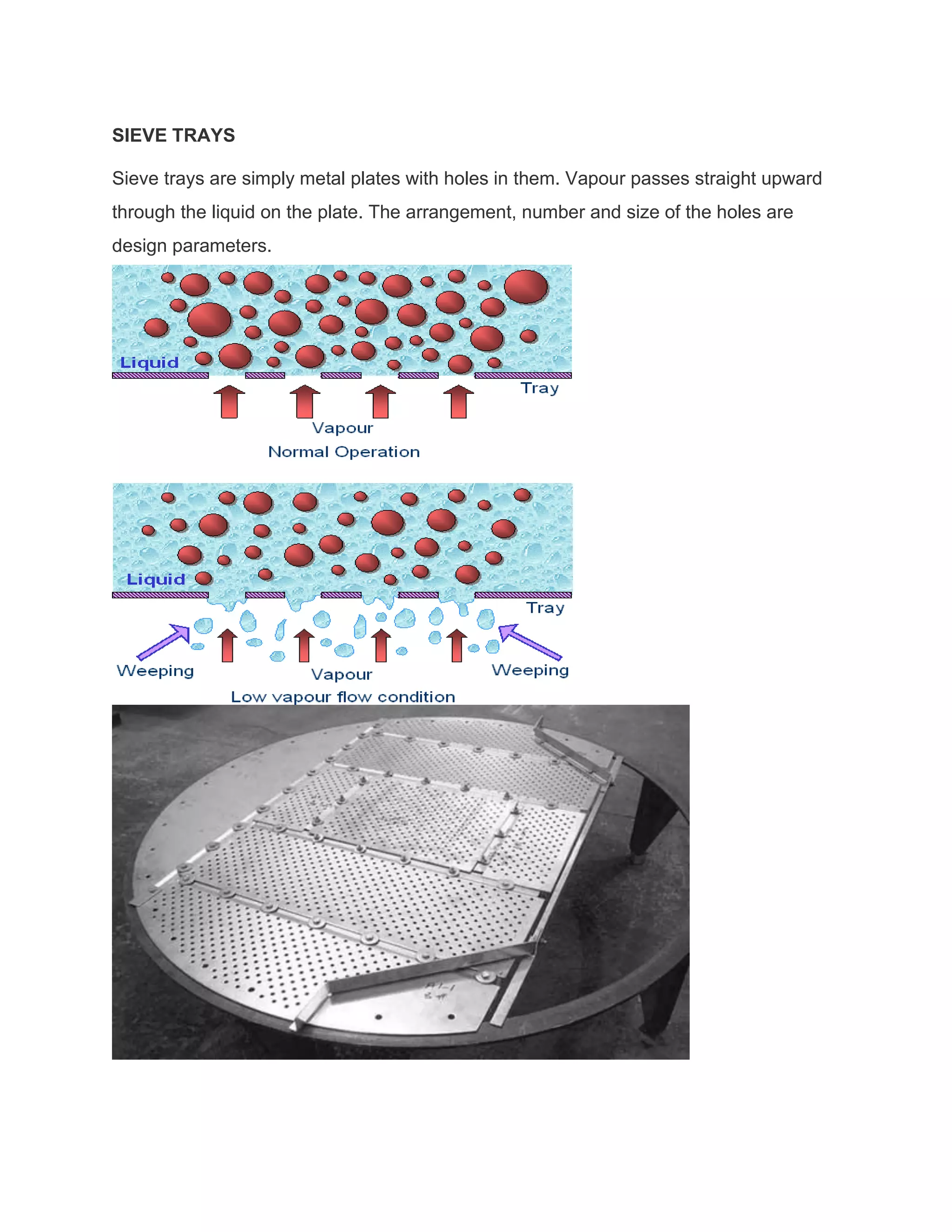 SIEVE TRAYS
Sieve trays are simply metal plates with holes in them. Vapour passes straight upward
through the liquid on the plate. The arrangement, number and size of the holes are
design parameters.
 