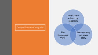 General Column Categories
Small Story
missed by
reporters
Commentary
on news
story
The
Humorous
View
 