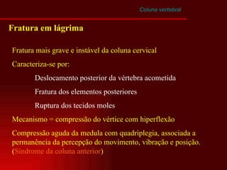Coluna vertebral Fratura em lágrima Fratura mais grave e instável da coluna cervical Caracteriza-se por: Deslocamento posterior da vértebra acometida Fratura dos elementos posteriores Ruptura dos tecidos moles Mecanismo = compressão do vértice com hiperflexão Compressão aguda da medula com quadriplegia, associada a permanência da percepção do movimento, vibração e posição. ( Síndrome da coluna anterior ) 
