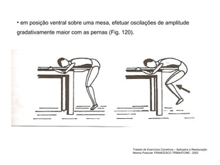 em posição ventral sobre uma mesa, efetuar oscilações de amplitude gradativamente maior com as pernas (Fig. 120). Tratado de Exercícios Corretivos – Aplicados a Reeducação Motora Postural- FRANCESCO TRIBASTONE - 2002 