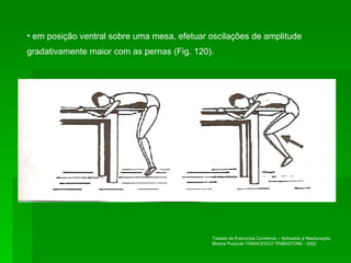 em posição ventral sobre uma mesa, efetuar oscilações de amplitude gradativamente maior com as pernas (Fig. 120). Tratado de Exercícios Corretivos – Aplicados a Reeducação Motora Postural- FRANCESCO TRIBASTONE - 2002 