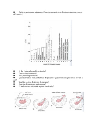 Existem posturas ou ações específicas que aumentem ou diminuam a dor ou causem
dificuldade?




       A dor é pior pela manhã ou à noite?
       Que movimentos doem?
       Está presente parestesia?
       Qual a atividade ou lazer habitual do paciente? Que atividades agravam ou aliviam a
dor?
       Qual é a posição de dormir do paciente?
       Que tipo de sapatos o paciente usa?
       O paciente está utilizando alguma medicação?
 