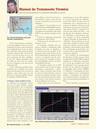 Parte II - Têmpera a Vácuo60 Industrial Heating - Jan a Mar 2014
Manual do Tratamento Térmico
João Carmo Vendramim | vendramim@isoflama.com.br
O fluxo de gás durante o resfriamen-
to tem uma influência crítica na taxa de
resfriamento do forno, como mostrado na
parte I publicada nesta revista na edição
Out a Dez 2013. Os bicos injetores de gás
nitrogênio dispostos 360° na retorta do
forno e em torno do bloco de aço e da
porta, promovem um fluxo turbulento
de gás com “Número Reynolds” maior
que 2300 para altos níveis de extração
de calor e asseguram a mais alta taxa de
resfriamento [5].
A Fig. 3 apresenta um gráfico típico
produzido para a condução do processo
térmico de uma peça de aço no forno de
têmpera a vácuo. Nesse caso, para um
bloco de aço da classe trabalho a quente
de dimensões 300x300x300 mm.
A Têmpera a Vácuo do Bloco de Aço
Os parâmetros de tratamento térmico
para aços da classe trabalho a quente
foram selecionados como recomendados
pelos fabricantes do aço e a execução di-
tada por normas, tais como NADCA [6],
General Motors (GM DC-9999-1) [7] e
Ford Motor (Ford AMTD-DC2010) [8].
Essas normas estabelecem procedimentos
para a execução dos parâmetros de trata-
mento térmico, como: a temperatura de
austenitização; tempo à temperatura de
austenitização; taxas de aquecimento e
resfriamento; diferenças permissíveis en-
tre a superfície e núcleo no aquecimento
e resfriamento; métodos de colocação
de termopares na peça; taxa mínima de
resfriamento de 28°C/min na faixa de
temperatura 1030 e 540°C; microestru-
turas aceitáveis ao final do processo e
métodos para ensaios mecânicos, entre
outros. Enfim, a “receita” do processo é
bem definida e o forno a vácuo capaz de
executar e reproduzir com sucesso esses
parâmetros.
A têmpera a vácuo do bloco de aço
H13 de dimensões 406x406x406 mm des-
crito neste texto e executada conforme
os parâmetros recomendados pela norma
NADCA nas seguintes principais condi-
ções:
• Faixa de temperatura monitorada
no resfriamento: 1030 a 540°C;
• Pressão de gás nitrogênio no res-
friamento: 9 bar.
Os termopares utilizados para mo-
nitorar e registrar o resfriamento foram
localizados em todas as superfícies e
no núcleo do bloco de aço H13. A Fig.
4 apresenta duas vistas do bloco de aço
H13 montado dentro da câmara do forno
a vácuo e os respectivos fios de termo-
pares colocados nas superfícies de cinco
faces (profundidade 15 mm) e no núcleo
(profundidade 200 mm).
O tratamento térmico do aço H13
exige controle estrito de todas as etapas:
aquecimento, austenitização e resfria-
mento. Uma vez colocado o bloco de aço
no centro da câmara do forno e todos os
termopares corretamente fixados, a porta
do forno é fechada para dar início ao pro-
cesso térmico, como descrito na parte I
de texto publicado nesta revista.
A Fig. 5 destaca as curvas obtidas no
monitoramento com seis (6) termopares
ao total na faixa crítica de temperatu-
ras de 1030 a 540°C. As duas curvas de
resfriamento que se destacam para os
extremos de mínima e máxima taxa de
resfriamento nesse processo, estão locali-
zadas na base do bloco - termopar 4, cor
azul claro, face inferior do bloco – com
elevada taxa de resfriamento alcançan-
do ~190°C/min; e outro termopar, como
seria esperado, no núcleo alcançando
a menor velocidade de resfriamento de
~40°C/min. Esses resultados de taxa de
resfriamento atendem às normas citadas
acima, que regulam o processo térmico
de têmpera a vácuo de blocos de aço AISI
H13, confirmando, apesar de óbvio, que
o núcleo resfria a uma velocidade muito
menor que a superfície.
Esses resultados de monitoramento
de resfriamento do bloco de aço na faixa
de temperatura de 1030 a 540°C mostram
também que o resfriamento sob pressão
de 9 bar de gás nitrogênio tem “taxas
de resfriamento”, para quaisquer pontos
do bloco de aço, superiores às mínimas
recomendadas pelas normas GM9999-
1 e NADCA. O resfriamento do bloco
nessas condições evita a transformação
perlítica, a precipitação de carbonetos
em contornos de grãos e a formação bai-
nítica até determinada profundidade do
bloco.
A Fig. 6 apresenta as curvas de res-
Fig. 2. Rota de martêmpera a vácuo para
controlar o resfriamento [3]
Fig. 3. Gráfico de têmpera a vácuo produzido para bloco de aço [5]
Temperatura
Tempo
Resfriamento isotérmico
núcleo
câmaradeaquecimentosuperfície
Ms
 