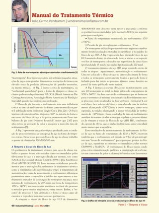 Parte II - Têmpera a Vácuo60 Industrial Heating - Jan a Mar 2014
Manual do Tratamento Térmico
João Carmo Vendramim | vendramim@isoflama.com.br
“martempera”. Esse recurso poderia ser utilizado naquelas situa-
ções de peças com grandes dimensões e variações de forma com
elevado risco de produzir deformações de grandes extensões,
ou mesmo trincas. A Fig. 2 ilustra a rota de martempera, ou
“isothermal quenching”, para o forno de têmpera a vácuo in-
clusive padronizada pela norma NADCA (North American Die
Casting Association, Associação Norte Americana de Fundição
Injetada) quando necessária a sua utilização.
O fluxo de gás durante o resfriamento tem uma influência
crítica na taxa de resfriamento do forno, como mostrado na par-
te I publicada nesta revista na edição Out a Dez 2013. Os bicos
injetores de gás nitrogênio dispostos 360° na retorta do forno e
em torno do bloco de aço e da porta promovem um fluxo tur-
bulento de gás com “Número Reynolds” maior que 2300 para
altos níveis de extração de calor e assegurar a mais alta taxa de
resfriamento [5].
A Fig. 3 apresenta um gráfico típico produzido para a condu-
ção do processo térmico de uma peça de aço no forno de têmpe-
ra a vácuo. Nesse caso, para um bloco de aço da classe trabalho
a quente de dimensões 300x300x300 mm.
A Têmpera a Vácuo do Bloco de Aço
Os parâmetros de tratamento térmico para aços da classe tra-
balho a quente foram selecionados como recomendados pelos
fabricantes do aço e a execução ditada por normas, tais como
NADCA [6], General Motors (GM DC-9999-1) [7] e Ford Motor
(Ford AMTD-DC2010) [8]. Essas normas estabelecem procedi-
mentos para a execução dos parâmetros de tratamento térmico
como a temperatura de austenitização; tempo à temperatura de
austenitização; taxas de aquecimento e resfriamento; diferenças
permissíveis entre a superfície e núcleo no aquecimento e res-
friamento; métodos de colocação de termopares na peça; taxa
mínima de resfriamento de 28°C/min na faixa de temperatura
1030 e 540°C; microestruturas aceitáveis ao final do processo
e métodos para ensaios mecânicos, entre outros. Enfim, a “re-
ceita” do processo é bem definida e o forno a vácuo capaz de
executar e reproduzir com sucesso esses parâmetros.
A têmpera a vácuo do bloco de aço H13 de dimensões
406x406x406 mm descrito neste texto e executada conforme
os parâmetros recomendados pela norma NADCA nas seguinte
principais condições:
• Faixa de temperatura monitorada no resfriamento: 1030
a 540°C;
• Pressão de gás nitrogênio no resfriamento: 9 bar.
Os termopares utilizados para monitorar e registrar o resfria-
mento foram localizados em todas as superfícies e no núcleo do
bloco de aço H13. A Fig. 4 apresenta duas vistas do bloco de aço
H13 montado dentro da câmara do forno a vácuo e os respecti-
vos fios de termopares colocados nas superfícies de cinco faces
(profundidade 15 mm) e no núcleo (profundidade 200 mm).
O tratamento térmico do aço H13 exige controle estrito de
todas as etapas: aquecimento, austenitização e resfriamento.
Uma vez colocado o bloco de aço no centro da câmara do forno
e todos os termopares corretamente fixados a porta do forno é
fechada para dar início ao processo térmico como descrito na
parte I de texto publicado nesta revista.
A Fig. 5 destaca as curvas obtidas no monitoramento com
seis (6) termopares ao total na faixa crítica de temperaturas de
1030 a 540°C. As duas curvas de resfriamento que se destacam
para os extremos de mínima e máxima taxa de resfriamento nes-
se processo estão localizados na base do bloco - termopar 4, cor
azul claro, face inferior do bloco – com elevada taxa de resfria-
mento alcançando ~190°C/min; e outro termopar, como seria
esperado, no núcleo alcançando a menor velocidade de resfria-
mento de ~40°C/min. Esses resultados de taxa de resfriamento
atendem às normas citadas acima que regulam o processo térmi-
co de têmpera a vácuo de blocos de aço AISI H13, confirman-
do, apesar de óbvio, que o núcleo resfria numa uma velocidade
muito menor que a superfície.
Esses resultados de monitoramento de resfriamento do blo-
co de aço na faixa de temperatura de 1030 a 540°C mostram
também que o resfriamento sob pressão de 9 bar de gás nitrogê-
nio tem “taxas de resfriamento”, para quaisquer pontos do blo-
co de aço, superiores ao mínimo recomendados pelas normas
GM9999-1 e NADCA. O resfriamento do bloco nessas condi-
ções evita a transformação perlítica, a precipitação de carbone-
tos em contornos de grãos e a formação bainítica até determina-
Fig. 2. Rota de martempera a vácuo para controlar o resfriamento [3]
Fig. 3. Gráfico de têmpera a vácuo produzido para bloco de aço [9]
Temperatura
Tempo
Resfriamento isotérmiconúcleo
câmaradeaquecimento
superfície
Ms
 