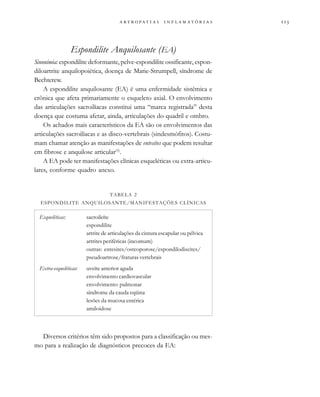                  
Espondilite Anquilosante (EA)
Sinonímia: espondilite deformante, pelve-espondilite ossificante, espon-
diloartrite anquilopoiética, doença de Marie-Strumpell, síndrome de
Bechterew.
A espondilite anquilosante (EA) é uma enfermidade sistêmica e
crônica que afeta primariamente o esqueleto axial. O envolvimento
das articulações sacroilíacas constitui uma “marca registrada” desta
doença que costuma afetar, ainda, articulações do quadril e ombro.
Os achados mais característicos da EA são os envolvimentos das
articulações sacroilíacas e as disco-vertebrais (sindesmófitos). Costu-
mam chamar atenção as manifestações de entesites que podem resultar
em fibrose e anquilose articular(5)
.
A EA pode ter manifestações clínicas esqueléticas ou extra-articu-
lares, conforme quadro anexo.
Diversos critérios têm sido propostos para a classificação ou mes-
mo para a realização de diagnósticos precoces da EA:
TABELA 2
ESPONDILITE ANQUILOSANTE/MANIFESTAÇÕES CLÍNICAS
Esqueléticas: sacroileíte
espondilite
artrite de articulações da cintura escapular ou pélvica
artrites periféricas (incomum)
outras: entesites/osteoporose/espondilodiscites/
pseudoartrose/fraturas vertebrais
Extra-esqueléticas: uveíte anterior aguda
envolvimento cardiovascular
envolvimento pulmonar
síndrome da cauda eqüina
lesões da mucosa entérica
amiloidose
 