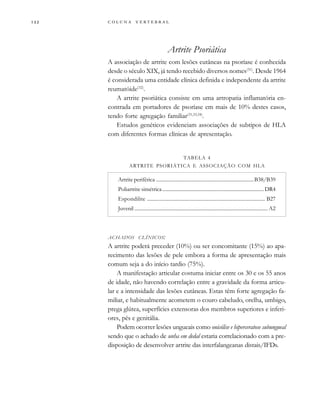        
Artrite Psoriática
A associação de artrite com lesões cutâneas na psoríase é conhecida
desde o século XIX, já tendo recebido diversos nomes(31)
. Desde 1964
é considerada uma entidade clínica definida e independente da artrite
reumatóide(32)
.
A artrite psoriática consiste em uma artropatia inflamatória en-
contrada em portadores de psoríase em mais de 10% destes casos,
tendo forte agregação familiar(31,33,34)
.
Estudos genéticos evidenciam associações de subtipos de HLA
com diferentes formas clínicas de apresentação.
ACHADOS CLÍNICOS:
A artrite poderá preceder (10%) ou ser concomitante (15%) ao apa-
recimento das lesões de pele embora a forma de apresentação mais
comum seja a do início tardio (75%).
A manifestação articular costuma iniciar entre os 30 e os 55 anos
de idade, não havendo correlação entre a gravidade da forma articu-
lar e a intensidade das lesões cutâneas. Estas têm forte agregação fa-
miliar, e habitualmente acometem o couro cabeludo, orelha, umbigo,
prega glútea, superfícies extensoras dos membros superiores e inferi-
ores, pés e genitália.
Podem ocorrer lesões ungueais como onicólise e hiperceratose subungueal
sendo que o achado de unha em dedal estaria correlacionado com a pre-
disposição de desenvolver artrite das interfalangeanas distais/IFDs.
TABELA 4
ARTRITE PSORIÁTICA E ASSOCIAÇÃO COM HLA
Artrite periférica .............................................................................B38/B39
Poliartrite simétrica................................................................................ DR4
Espondilite ............................................................................................. B27
Juvenil ......................................................................................................... A2
 