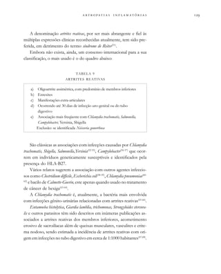                  
A denominação artrites reativas, por ser mais abrangente e fiel às
múltiplas expressões clínicas reconhecidas atualmente, tem sido pre-
ferida, em detrimento do termo síndrome de Reiter(51)
.
Embora não exista, ainda, um consenso internacional para a sua
classificação, o mais usado é o do quadro abaixo:
São clássicas as associações com infecções causadas por Chlamydia
trachomatis, Shigella, Salmonella,Yersinia(52-55)
, Campylobacter(56-57)
que ocor-
rem em indivíduos geneticamente susceptíveis e identificados pela
presença do HLA-B27.
Vários relatos sugerem a associação com outros agentes infeccio-
sos como Clostridium difficile, Escherichia coli(58-59)
, Chlamydia pneumoniae(60-
62)
e bacilo de Calmette-Guerin, este apenas quando usado no tratamento
de câncer de bexiga(63-64)
.
A Chlamydia trachomatis é, atualmente, a bactéria mais envolvida
com infecções gênito-urinárias relacionadas com artrites reativas(65-66)
.
Entamoeba histolytica, Giardia lamblia, trichomonas, Strongyloides stercora-
lis e outros parasitos têm sido descritos em inúmeras publicações as-
sociados a artrites reativas dos membros inferiores, acometimento
erosivo de sacroilíacas além de queixas musculares, vasculites e erite-
ma nodoso, sendo estimada a incidência de artrites reativas com ori-
gem em infecções no tubo digestivo em cerca de 1:1000 habitantes(67,68)
.
TABELA 9
ARTRITES REATIVAS
a) Oligoartrite assimétrica, com predomínio de membros inferiores
b) Entesites
c) Manifestações extra-articulares
d) Ocorrendo até 30 dias de infecção uro-genital ou do tubo
digestivo
e) Associação mais freqüente com Chlamydia trachomatis, Salmonella,
Campylobacter, Yersinia, Shigella
Exclusão: se identificada Neisseria gonorrhoea
 