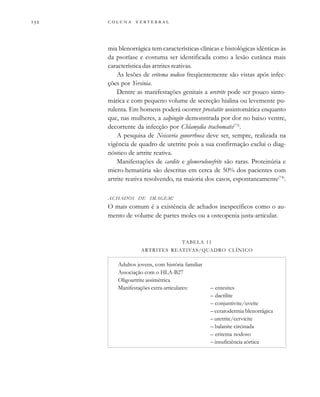         
mia blenorrágica tem características clínicas e histológicas idênticas às
da psoríase e costuma ser identificada como a lesão cutânea mais
característica das artrites reativas.
As lesões de eritema nodoso freqüentemente são vistas após infec-
ções por Yersinia.
Dentre as manifestações genitais a uretrite pode ser pouco sinto-
mática e com pequeno volume de secreção hialina ou levemente pu-
rulenta. Em homens poderá ocorrer prostatite assintomática enquanto
que, nas mulheres, a salpingite demonstrada por dor no baixo ventre,
decorrente da infecção por Chlamydia trachomatis(73)
.
A pesquisa de Neisseria gonorrhoea deve ser, sempre, realizada na
vigência de quadro de uretrite pois a sua confirmação exclui o diag-
nóstico de artrite reativa.
Manifestações de cardite e glomerulonefrite são raras. Proteinúria e
micro-hematúria são descritas em cerca de 50% dos pacientes com
artrite reativa resolvendo, na maioria dos casos, espontaneamente(74)
.
ACHADOS DE IMAGEM:
O mais comum é a existência de achados inespecíficos como o au-
mento de volume de partes moles ou a osteopenia justa-articular.
TABELA 11
ARTRITES REATIVAS/QUADRO CLÍNICO
Adultos jovens, com história familiar
Associação com o HLA-B27
Oligoartrite assimétrica
Manifestações extra-articulares: – entesites
– dactilite
– conjuntivite/uveíte
– ceratodermia blenorrágica
– uretrite/cervicite
– balanite circinada
– eritema nodoso
– insuficiência aórtica
 