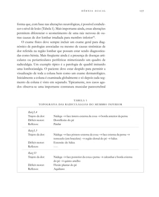            
forma que, com base nas alterações neurológicas, é possível estabele-
cer o nível de lesão (Tabela 1). Mais importante ainda, essas alterações
permitem diferenciar o acometimento de uma raiz nervosa de ou-
tras causas de dor lombar irradiada para membro inferior(4)
.
O exame físico deve sempre incluir um exame geral para diag-
nóstico de patologias associadas ou mesmo de causas sistêmicas de
dor referida na região lombar que possam estar sendo diagnostica-
das como hérnia. Mais freqüente ainda é a presença de doenças arti-
culares ou periarticulares periféricas mimetizando um quadro de
radiculalgia. Um exemplo típico é a patologia de quadril imitando
uma lombociatalgia. O paciente deve estar despido para permitir a
visualização de toda a coluna bem como um exame dermatológico.
Inicialmente a coluna é examinada globalmente e só depois cada seg-
mento da coluna é visto em separado. Tipicamente, nos casos agu-
dos observa-se uma importante contratura muscular paravertebral
TABELA 1
TOPOGRAFIA DAS RADICULALGIAS DO MEMBRO INFERIOR
Raiz L4
Trajeto da dor: Nádega → face ântero-externa da coxa → borda anterior da perna
Déficit motor: Dorsiflexão do pé
Reflexos: Patelar
Raiz L5
Trajeto da dor: Nádega → face póstero-externa da coxa → face externa da perna →
tornozelo (em bracelete) → região dorsal do pé → hálux
Déficit motor: Extensão do hálux
Reflexos:
Raiz S1
Trajeto da dor: Nádega → face posterior da coxa e perna → calcanhar e borda externa
do pé → quinto artelho
Déficit motor: Flexão plantar do pé
Reflexos: Aquiliano
 