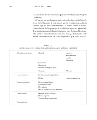         

xão da coluna, devem ser evitadas por um período mais prolongado
(30-45 dias).
O tratamento medicamentoso inclui analgésicos, antiinflamató-
rios e miorrelaxantes. É importante que se consiga uma analgesia
eficiente logo no início do tratamento. Da mesma forma, os conhe-
cimentos atuais da fisiopatologia da hérnia discal sugerem a necessidade
de um tratamento antiinflamatório potente logo de início. Neste sen-
tido, além de antiinflamatórios em dose plena, o tratamento pode
incluir corticosteróides em doses regressivas por curto período.
TABELA 3
PATOLOGIAS QUE SIMULAM RADICULALGIA DO MEMBRO INFERIOR
Alterações osteoarticulares Quadril Artrose
Osteonecrose
Artrite
Periartrite
Sacroileítes
Gonartrose
Fraturas de fadiga da bacia
Tumores Osteítes
Doenças vasculares Insuficiência arterial periférica
Flebite Aneurisma de aorta
Doenças neurológicas Neuropatia periférica
Lesões tronculares
Dor talâmica
Dor de origem cordonal posterior
Doenças viscerais Doenças gênito-urinárias
Hérnia inguinal
Tumores do retroperitôneo
Tumores pélvicos
 