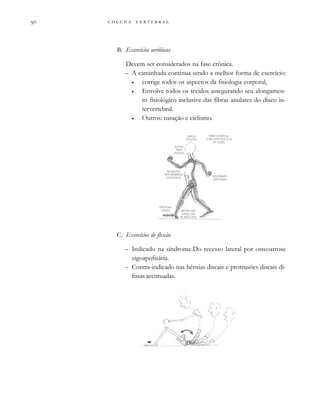         

B. Exercícios aeróbicos
Devem ser considerados na fase crônica.
– A caminhada continua sendo a melhor forma de exercício:
• corrige todos os aspectos da fisiologia corporal,
• Envolve todos os tecidos assegurando seu alongamen-
to fisiológico inclusive das fibras anulares do disco in-
tervertebral.
• Outros: natação e ciclismo.
C. Exercícios de flexão
– Indicado na síndrome.Do recesso lateral por osteoatrose
zigoapofisária.
– Contra-indicado nas hérnias discais e protrusões discais di-
fusas acentuadas.
 