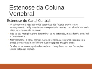Estenose da Coluna
Vertebral
Estenose do Canal Central:
◦Usualmente é o resultado dos osteófitos das facetas articulares e
envergamento do ligamento amarelo posteriormente, com abaulamento do
disco anteriormente no canal.
◦Não se usa medições para determinar se há estenose, mas a forma do canal
e do saco tecal.
◦Normalmente, o canal central e o saco tecal são estruturas circulares ou
quase circulares (uma estrutura oval roliça) nas imagens axiais
◦Se elas se tornarem aplainadas ovais ou triangulares em sua forma, isso
indica estenose central.
 