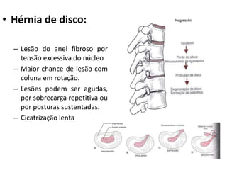 • Hérnia de disco: 
– Lesão do anel fibroso por 
tensão excessiva do núcleo 
– Maior chance de lesão com 
coluna em rotação. 
– Lesões podem ser agudas, 
por sobrecarga repetitiva ou 
por posturas sustentadas. 
– Cicatrização lenta 
 