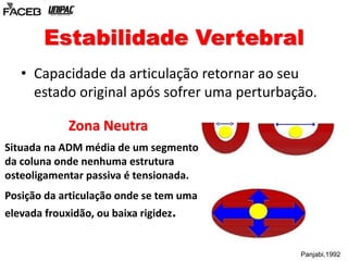 Estabilidade Vertebral 
• Capacidade da articulação retornar ao seu 
estado original após sofrer uma perturbação. 
Zona Neutra 
Situada na ADM média de um segmento 
da coluna onde nenhuma estrutura 
osteoligamentar passiva é tensionada. 
Posição da articulação onde se tem uma 
elevada frouxidão, ou baixa rigidez. 
Panjabi,1992 
 