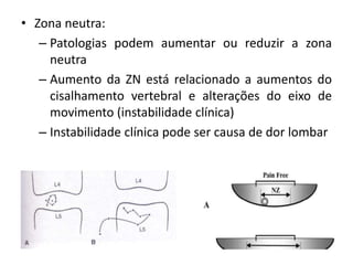 • Zona neutra: 
– Patologias podem aumentar ou reduzir a zona 
neutra 
– Aumento da ZN está relacionado a aumentos do 
cisalhamento vertebral e alterações do eixo de 
movimento (instabilidade clínica) 
– Instabilidade clínica pode ser causa de dor lombar 
 