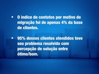 • O índice de contatos por motivo de
migração foi de apenas 4% da base
de clientes.
• 95% desses clientes atendidos teve
seu problema resolvido com
percepção de solução entre
ótimo/bom.
 