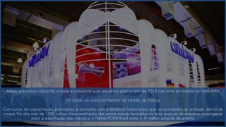 Ambev precisava capacitar o trade e comunicar suas iniciativas para o ano de 2013 com mote em futebol na Feira APAS.
Foi criado um stand em formato de estádio de futebol.
Com cursos de capacitação, premiações e ativações com a temática futebol para que os convidados se sentissem dentro de
campo. Por dia, mais de 1500 visitas, ótima aceitação das novas marcas lançadas na feira, procura de empresas estrangeiras
para a exportação das marcas e o Prêmio POPAI Brasil como o 3o melhor estande do evento.
 