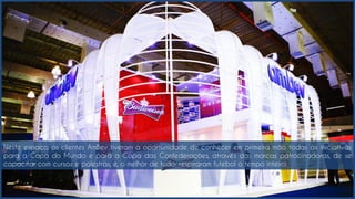 Neste espaço, os clientes AmBev tiveram a oportunidade de conhecer em primeira mão todas as iniciativas
para a Copa do Mundo e para a Copa das Confederações, através das marcas patrocinadoras, de se
capacitar com cursos e palestras, e, o melhor de tudo: respiraram futebol o tempo inteiro.
 