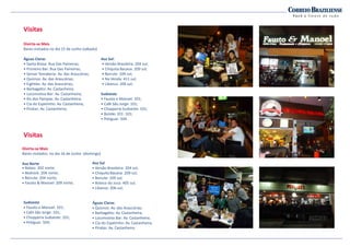 Divirta-se Mais
Visitas
Divirta-se Mais
Bares visitados no dia 15 de Junho (sábado)
Águas Claras
• Santa Brasa: Rua Das Paineiras;
• Primeiro Bar: Rua Das Paineiras;
• Sensei Temakeria: Av. das Araucárias;
• Quiznos: Av. das Araucárias;
• Eighties: Av. das Araucárias;
• Barbagatto: Av. Castanheira;
• Locomotiva Bar: Av. Castanheira;
• Xis dos Pampas: Av. Castanheira;
• Cia do Espetinho: Av. Castanheira;
• Piratas: Av. Castanheira;
Asa Sul:
• Versão Brasileira: 204 sul;
• Chiquita Bacana: 209 sul;
• Beirute: 109 sul;
• Na Venda: 411 sul;
• Libanus: 206 sul;
Sudoeste
• Fausto e Manoel: 101;
• Café São Jorge: 101;
• Chopperia Sudoeste: 101;
• Buteko 101: 101;
• Potiguar: 504.Divirta-se Mais
Visitas
Divirta-se Mais
Bares visitados: no dia 16 de Junho (domingo)
Asa Norte
• Balaio: 202 norte;
• Bedrock: 204 norte;
• Beirute: 204 norte;
• Fausto & Manoel: 209 norte;
Asa Sul
• Versão Brasileira: 204 sul;
• Chiquita Bacana: 209 sul;
• Beirute: 109 sul;
• Boteco do Juca: 405 sul;
• Libanus: 206 sul;
Águas Claras
• Quiznos: Av. das Araucárias;
• Barbagatto: Av. Castanheira;
• Locomotiva Bar: Av. Castanheira;
• Cia do Espetinho: Av. Castanheira;
• Piratas: Av. Castanheira.
Sudoeste
• Fausto e Manoel: 101;
• Café São Jorge: 101;
• Chopperia Sudoeste: 101;
• Potiguar: 504;
 