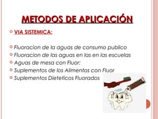 METODOS DE APLICACIÓNMETODOS DE APLICACIÓN
 VIA SISTEMICA:
 Fluoracion de la aguas de consumo publico
 Fluoracion de las aguas en las en las escuelas
 Aguas de mesa con Fluor:
 Suplementos de los Alimentos con Fluor
 Suplementos Dieteticos Fluorados
 