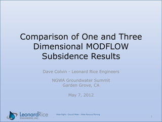 Comparison of One and Three
Dimensional MODFLOW
Subsidence Results
Dave Colvin - Leonard Rice Engineers
NGWA Groundwater Summit
Garden Grove, CA
May 7, 2012
1
 