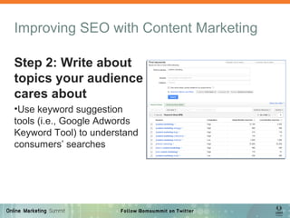 Improving SEO with Content Marketing
Step 2: Write about
topics your audience
cares about
•Use keyword suggestion
tools (i...